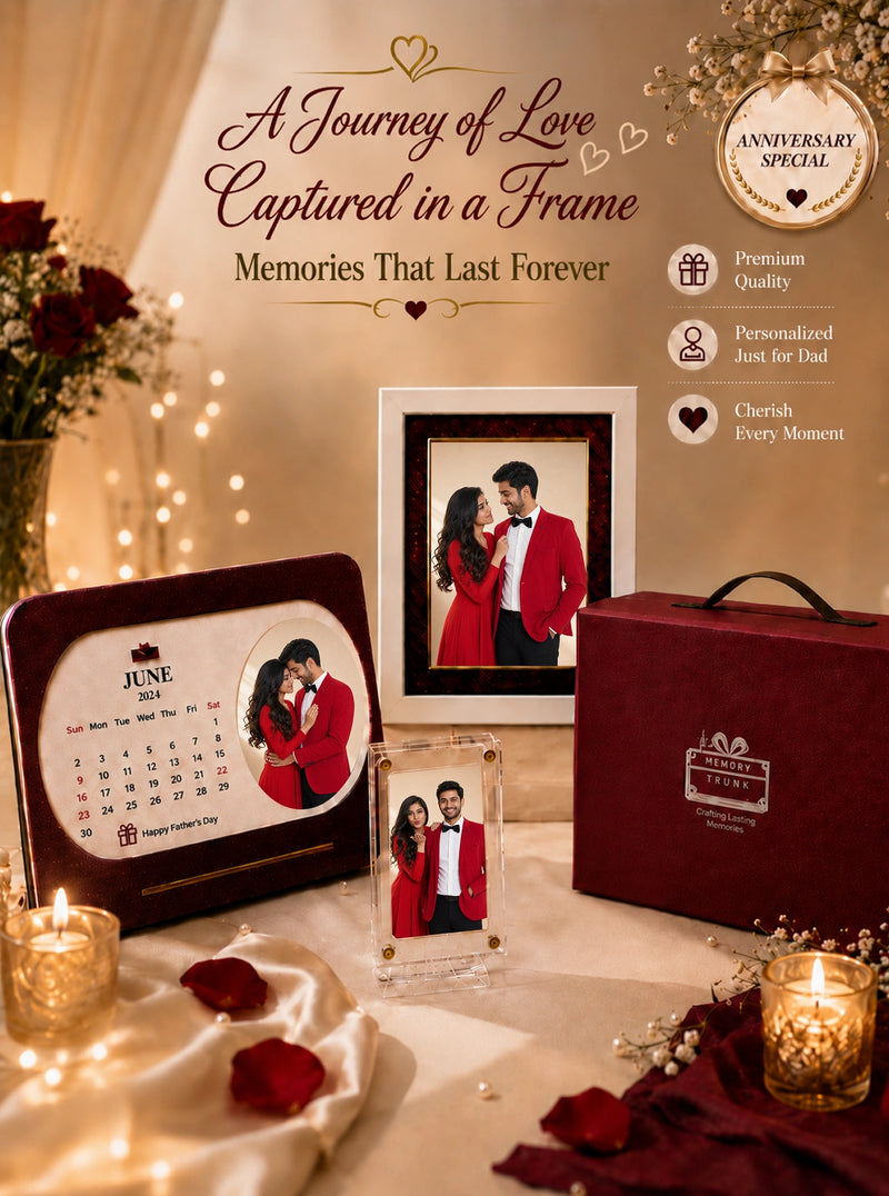 Memorial photo frames and a box with a couple's picture on a romantic setting with candles and flowers.